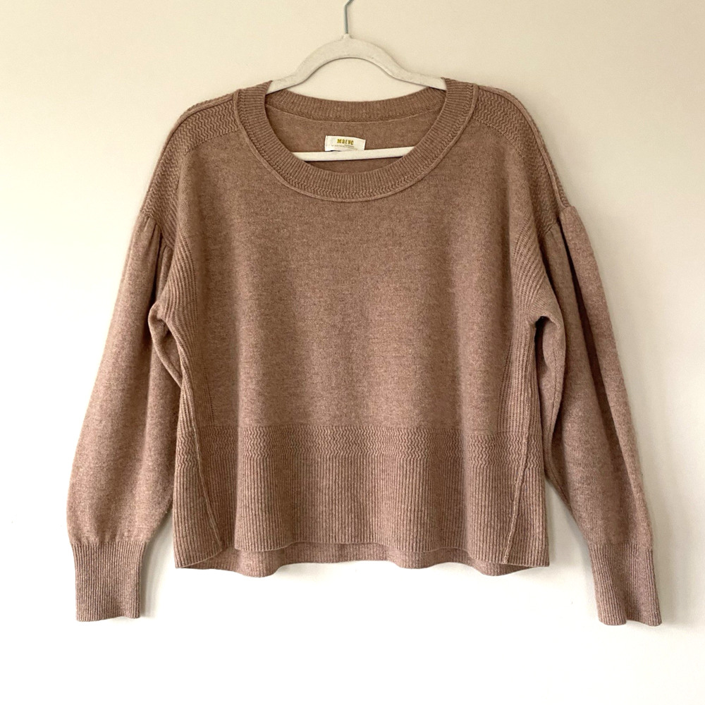 Maeve Anthropologie Cashmere Drop Shoulder Balloon Sleeve Tan Brown Sweater M